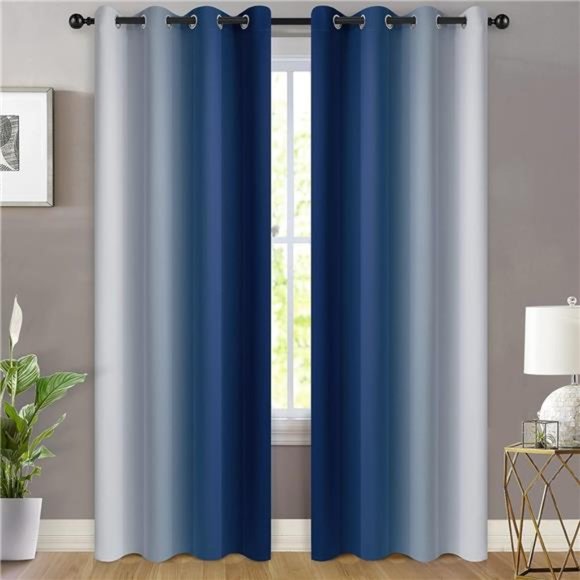 Blue and Greyish White Ombre Curtains, Room Darkening Gradient Color Curtains - Picture 3 of 6